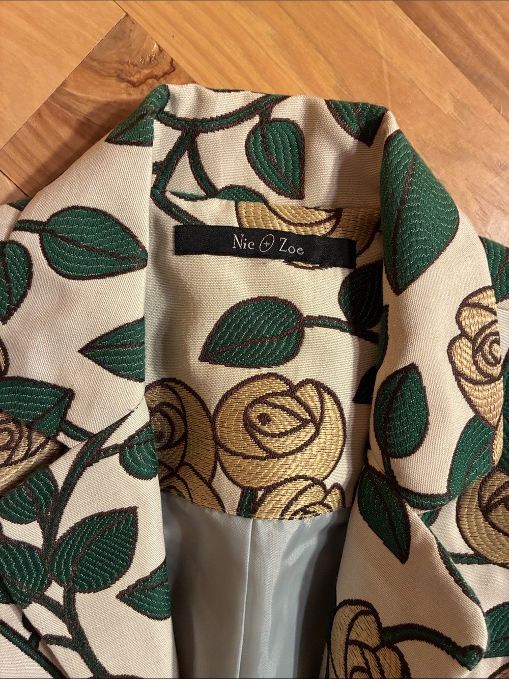 NIC+ZOE Floral Brocade Blazer in Cream, Green & Gold Embroidery